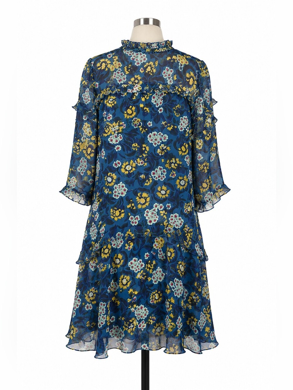 Saloni 100% Silk Teal Tilly Blue Floral Ruffle Tiered Dress Sz 10 - Picture 2 of 8